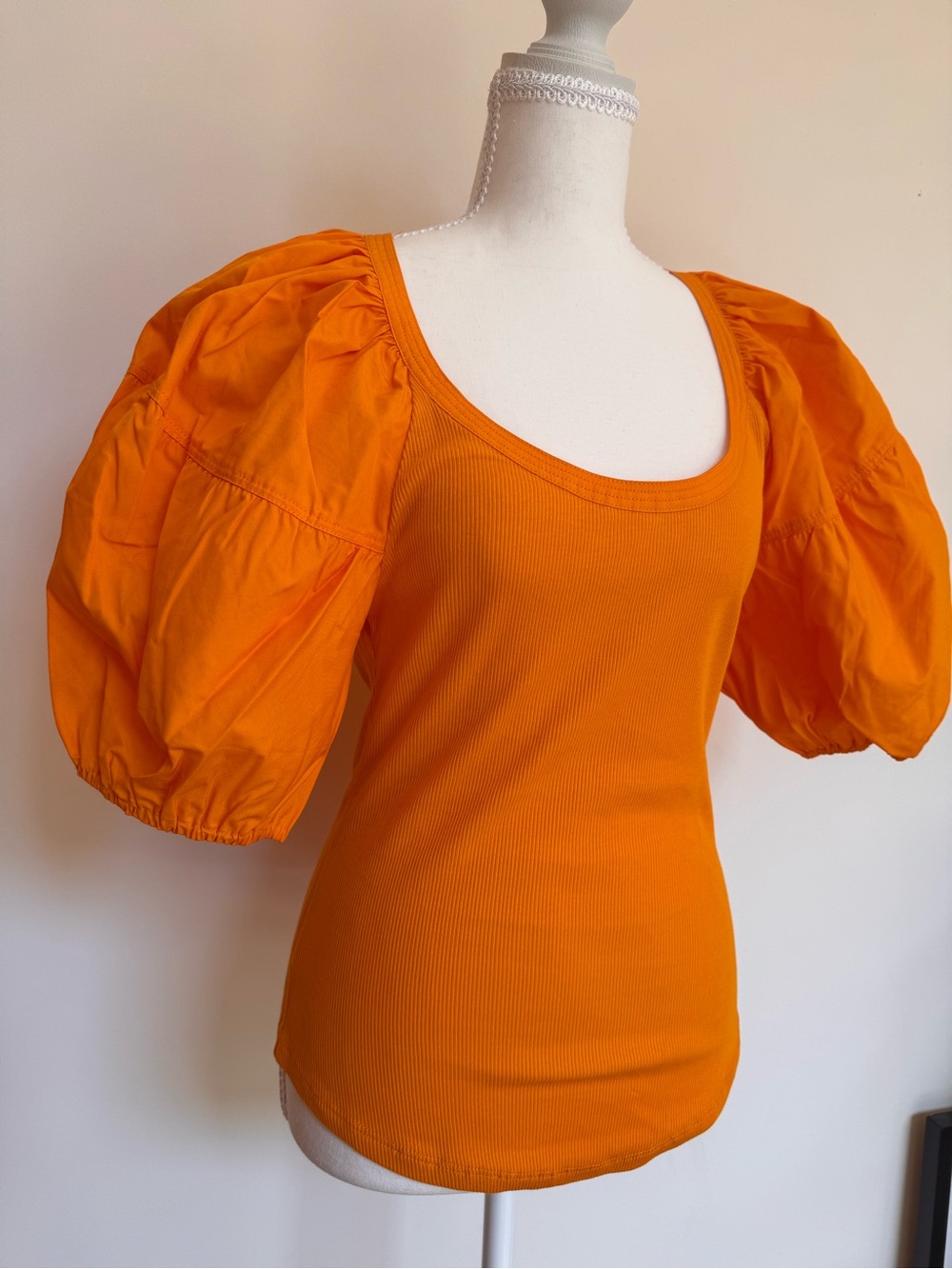Ulla Johnson Bright Orange Puff Sleeve Scoop Neck Top